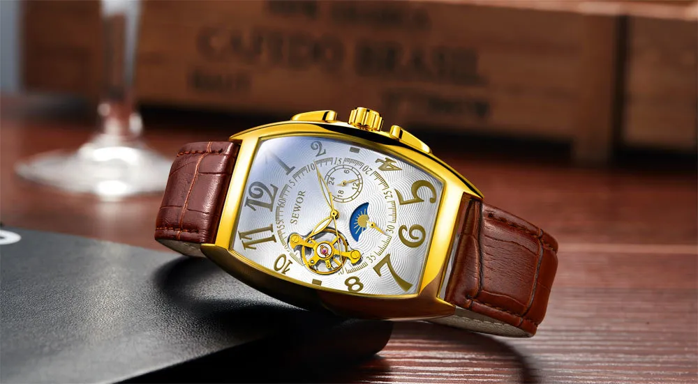 Sewor Tonneau Tourbillon Automatic Mechanical Watch For Men With