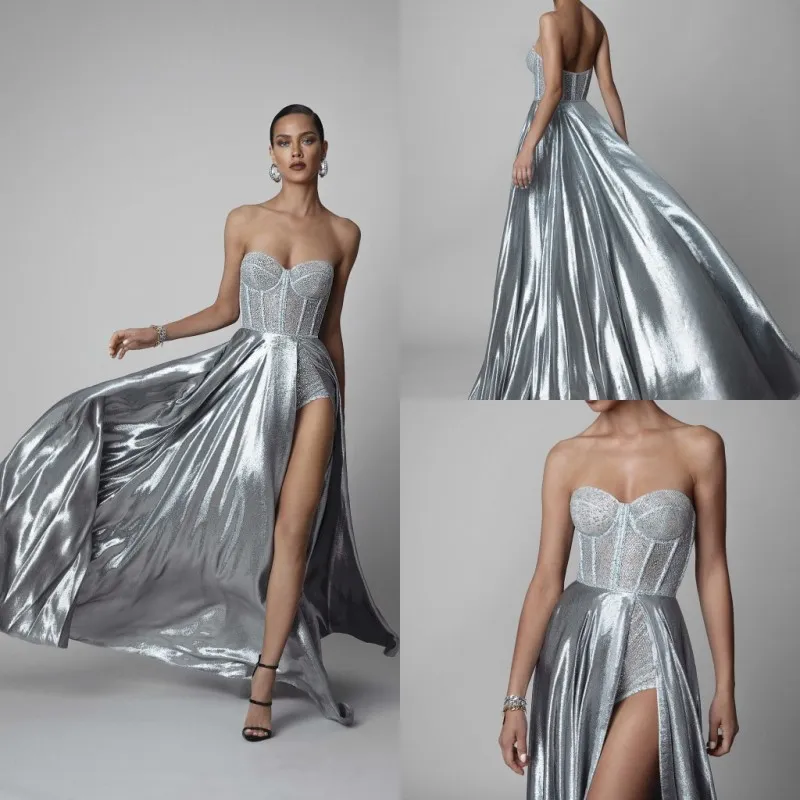 Berta 2019 Silver Prom Dresses Sweetheart Glitters Satin High Thigh Split Evening Gowns Plus Size Abendkleider Beach Boho robes de soirée