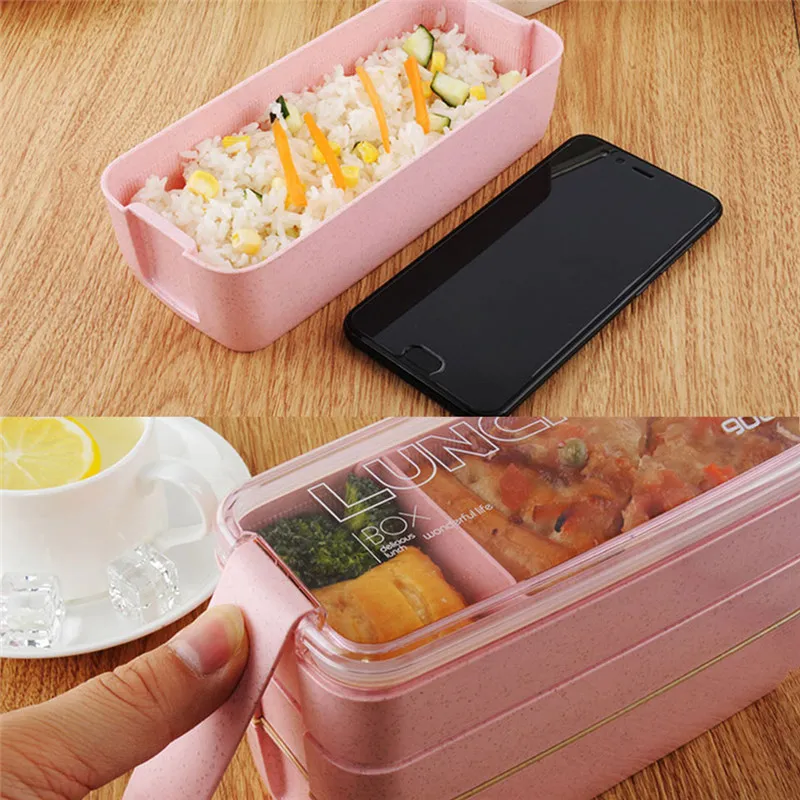 Wheat Straw Lunch Box Healthy Material 3 Layer 900ml Microwave