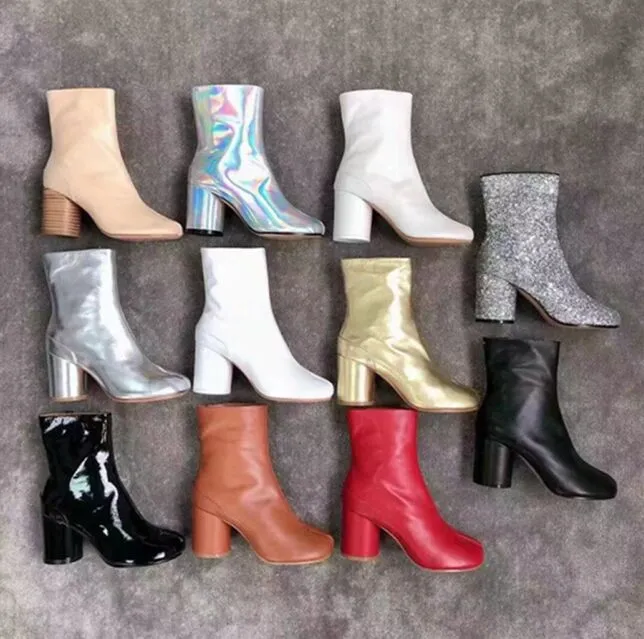 Split Toe Ankle Boots For Women äkta läder Korta stövlar 2019 Autumn New Ends Side Zip High Heel Western Western