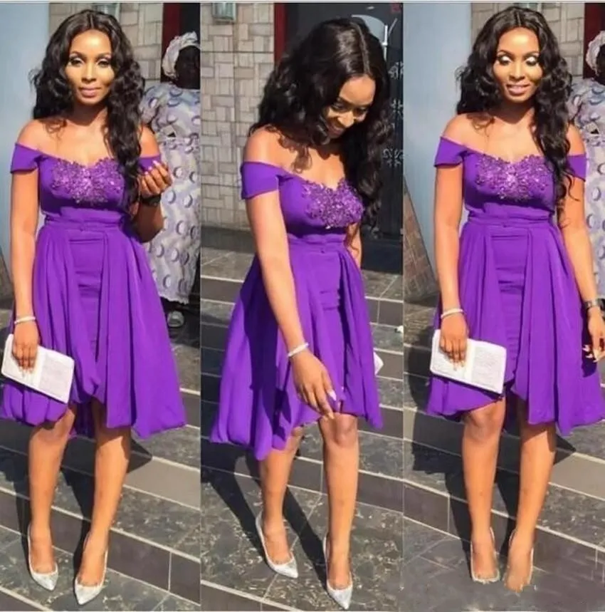 Short Purple Bridesmaid Dresses 2020 Chiffon Country Off Shoulder Peplum Backless Maid of Honor Dresses Custom Plus Size Wedding Guest Dress