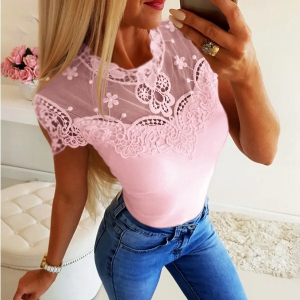 Korean Sexy Lace Patchwork Blouse Women Summer Harajuku Short Sleeve Mesh Shirt Slim Fit Cute Tops Tee Shirt O-Neck Femme Blusa