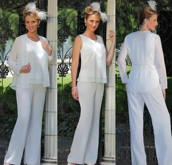 Madre della sposa 3 pezzi pantalone chiffon spiaggia matrimonio abiti da sposo della madre economici senza maniche madri abiti da cerimonia