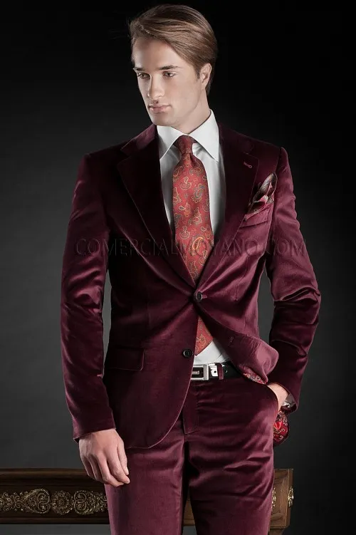 Sammet brudgum tuxedos burgundy män bröllop tuxedos höst vinter stil jacka blazer män middag / darty kostym skräddarsydda (jacka + byxor + slips) 1139