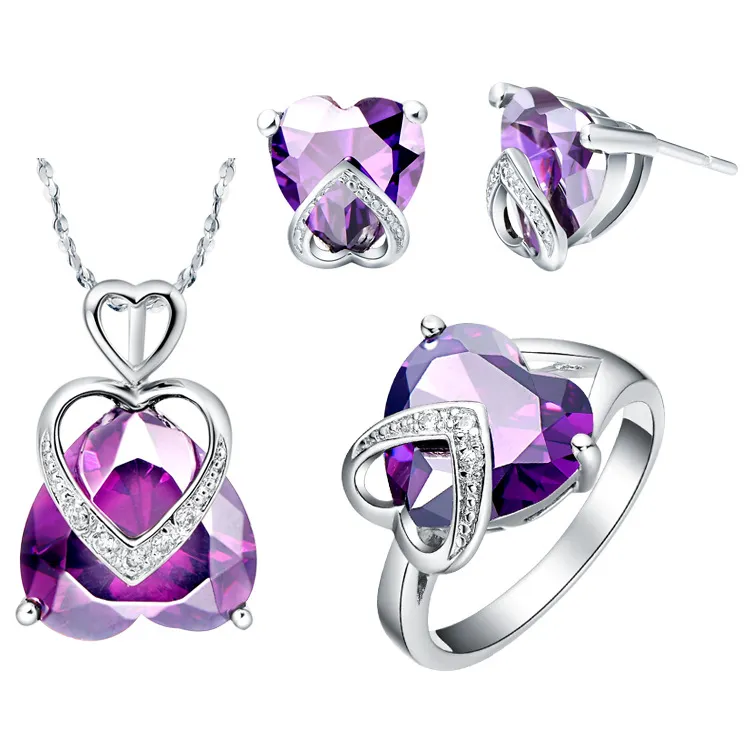 Groothandel-925 Zilveren Sterling Bruiloft Sieraden Sets Hart in Hart Crystal Rhinestone Ketting Stud Oorbellen en Ring Model No.918