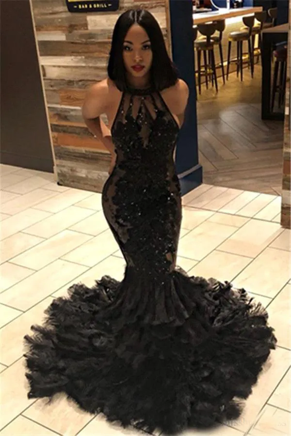 2020 Black Halter Lace Mermaid Black Feather Prom... From  A_beautiful_dress, $65.33 | DHgate.Com