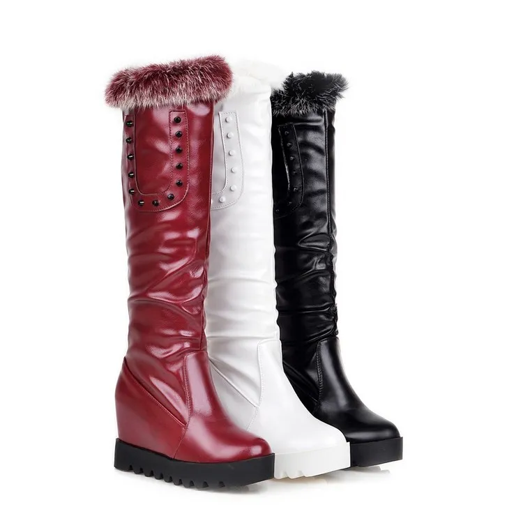 size 33 to 43 with box bungundy fur boots platform wedge shoes sexy knee high boots wine red black