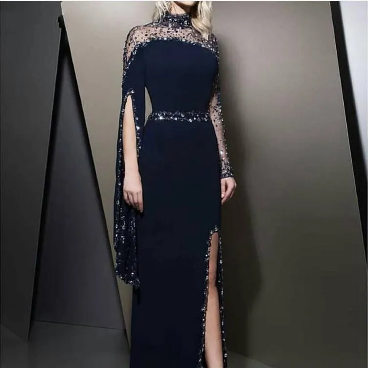 2019 Formal High Neck Navy Blue Evening Dresses kaftan dubai Beaded Long sleeve Party gowns Modest robe de soiree Split Prom Dress