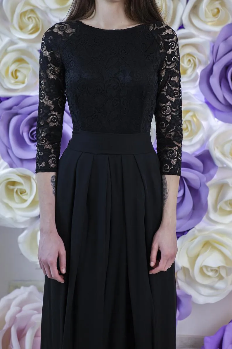 Black Lace Chiffon A-line Long Modest Bridesmaid Dress with 3/4 Illusion  Sleeves and Jewel Neck from Dhgate Bridesmaid Dress - price 87.74