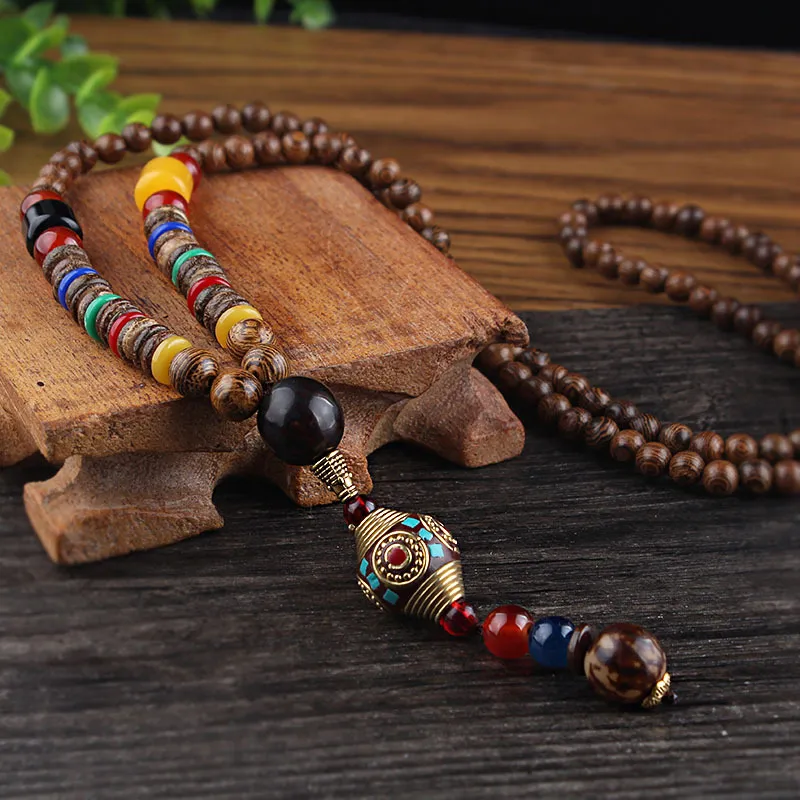 SEDmart Retro Ethnic Wood Lotus Buddha Statue Pendant Necklaces for Women Nepalese Mantra Wooden/Glass Beads Sweater Chain Gifts