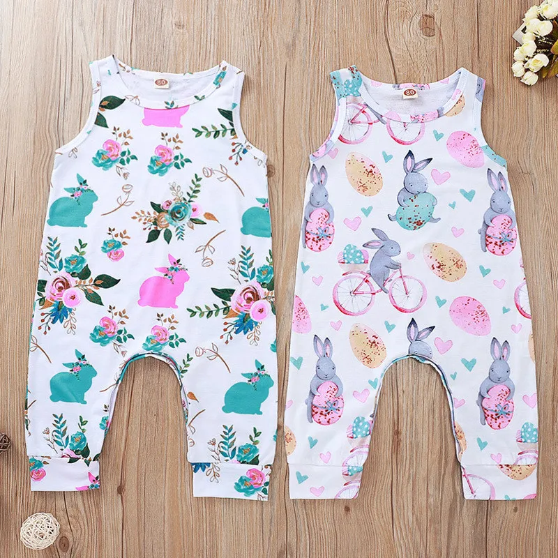 Baby Easter Jumpsuit Rabbit tryckt ärmlös Jumpsuit 0-18m Summer Spädbarn Bodysuits Round Neck Bunny Flower Romper