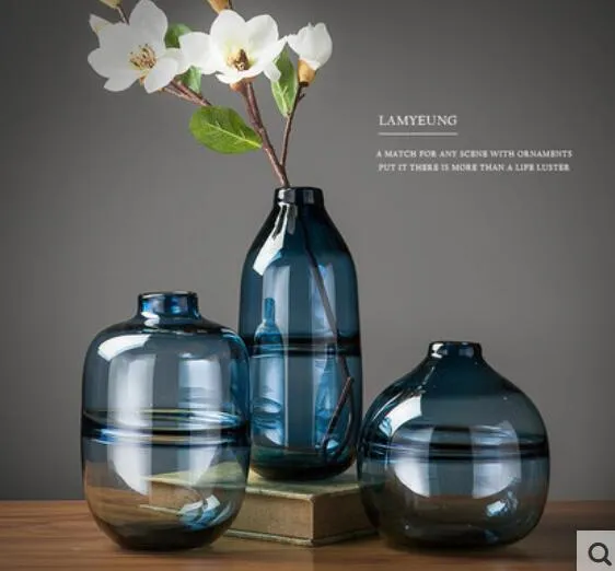 Modern Minimalistisk Glas Vase Hem Vardagsrum Nordisk Restaurang Blommarrangemang Blå Transparent Blomma Mjukt Dekoration Ornament