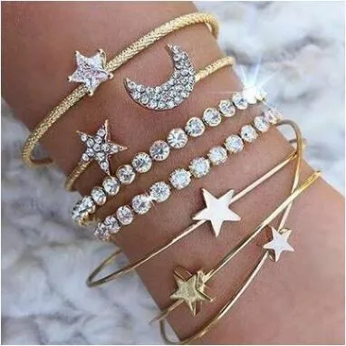 Fashion luxury designer simple popular lovely cute moon star diamond rhinestone adjustable bangle bracelet for woman girls 4 pcs in one set