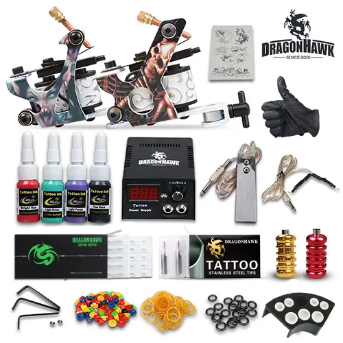 Professional complete tattoo kits 2 machines guns color inks sets needles grips tubes power D53GD-7