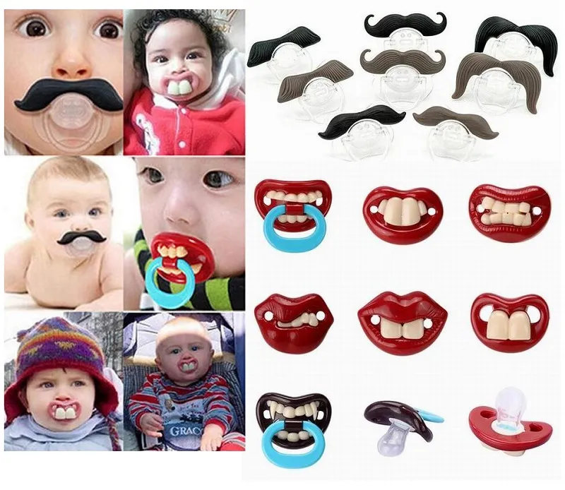100st Cute Funny Dummies Pacifier Baby Novelty Maternity Toddler Barn Tandlingar Nipplar Roliga Mustasch Tand Pacifiers