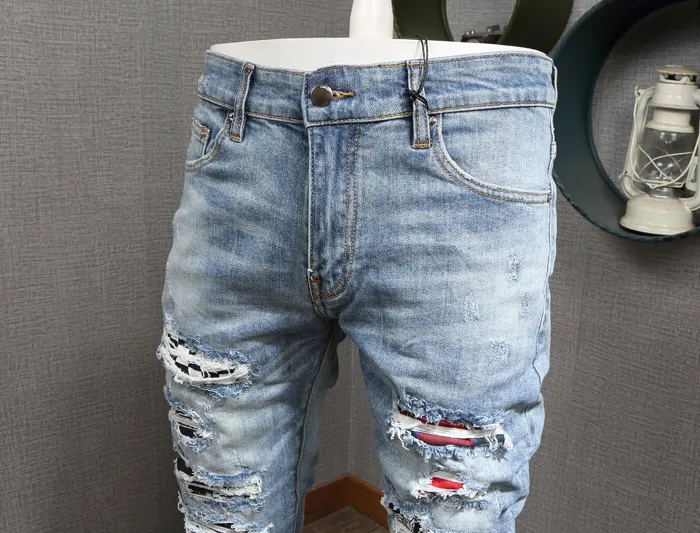 Patches Detail Biker Fit Jeans Men Slim Motorcycle For Mens Vintage Distressed Denim Jean Pants