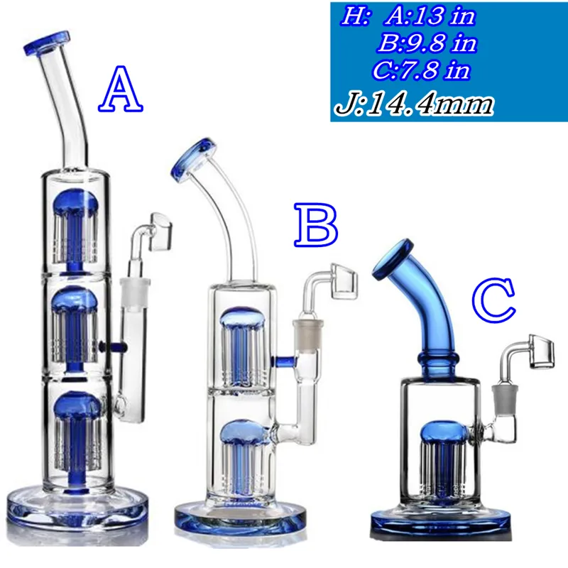 3 Türler Mavi Perc Ağaçları Cam Yağ Teçhizatları Geri Alıcı Su Bongs Bükülmüş Boyun Cam Su Boruları Sigara Sigara Nargile 14.4mm Banger