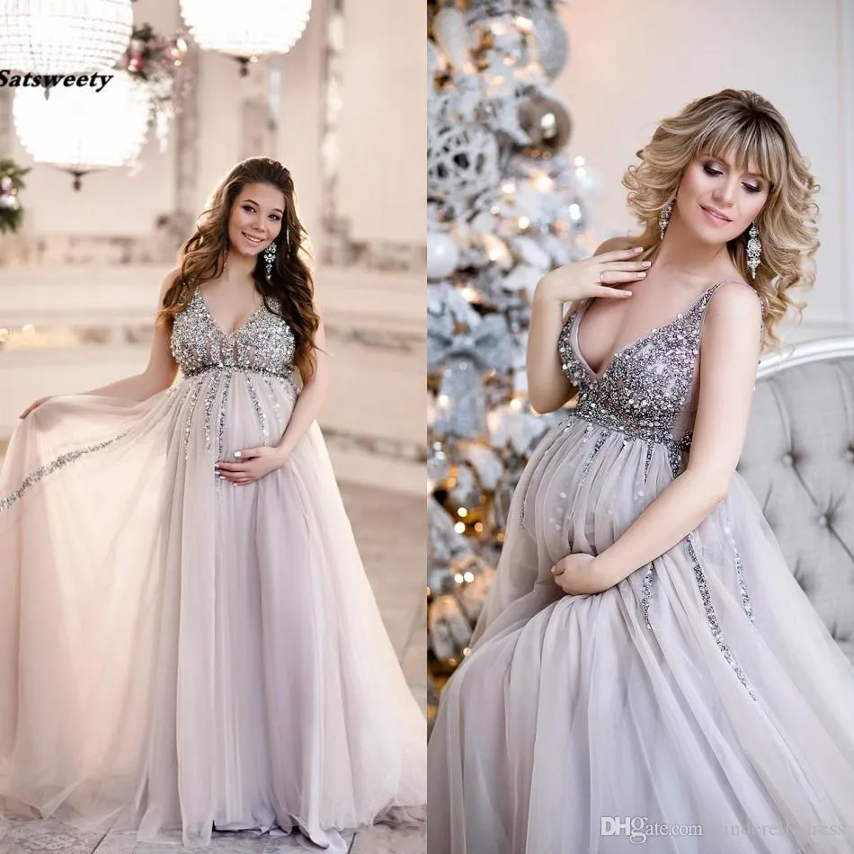 Sexy Sequin Maternity A line Prom Dresses Baby Shower Gowns with Tulle Skirt Sleeveless V neck Tulle Evening Party Gowns Robe De Mariee