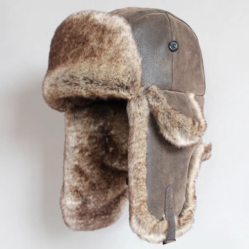 Inverno Bomber Chapéus Vintage Russo Ushanka Caps Homens Mulheres Faux Fur Trapper Chapéu PU Couro À Prova de Vento Earflap Trooper Chapéus Y200110