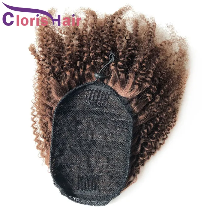 Drawstring Human Hair Ponytail Afor Kinky Curly Peruvian Virgin Hairpiece Pony Tails With Clip Ins For Black Women #4 Dark Brown Extensions