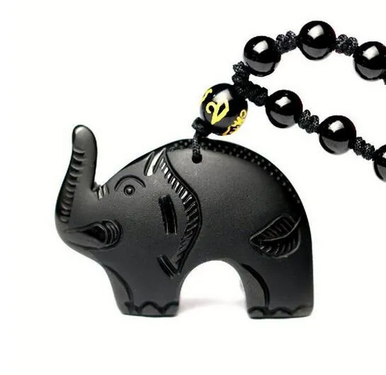 Naturlig svart obsidian carved lovande söt elefant amulet lycklig hänge halsband mode smycken helande gåva