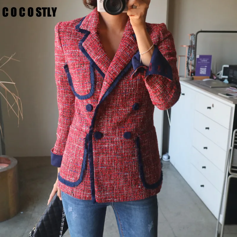 Giacca da abito doppiopetto Blazer e giacche da donna da donna Casual Chic British Tassel Patchwork Tweed Blazer Cappotti