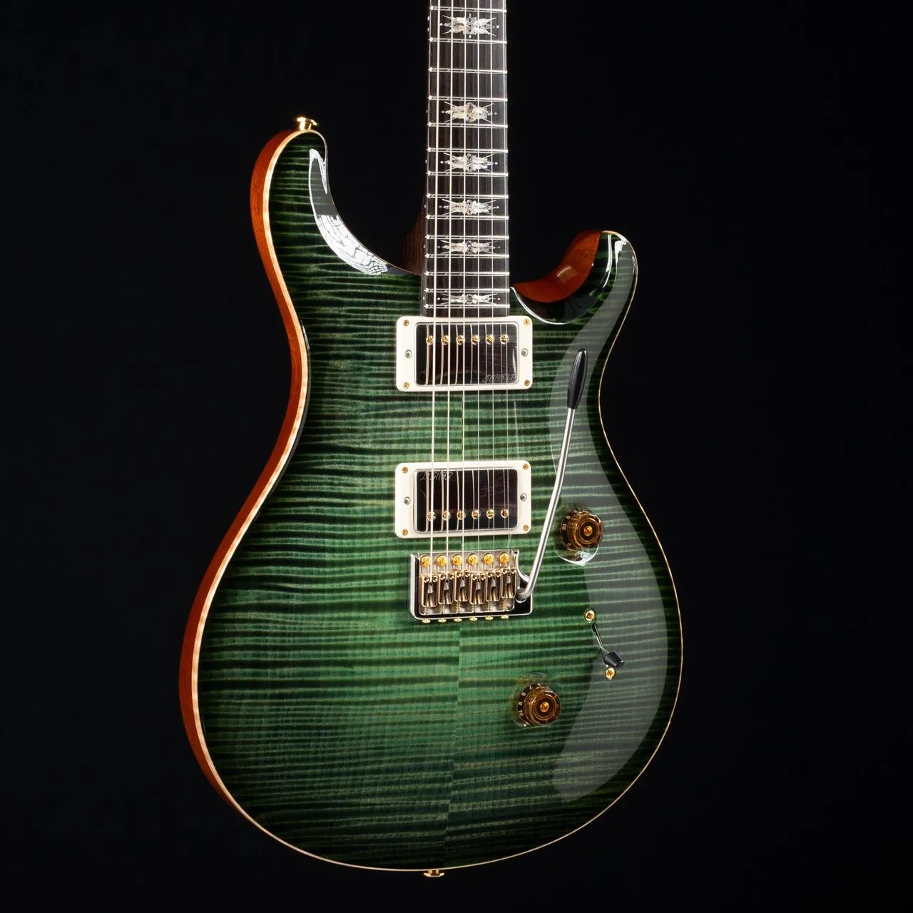 2016 Custom 24 Lotus Knot Private Stock Sage Glow Smoke Burst 3415 Green Flame Maple Top Gitara elektryczna Lotus Knot Intarsje, Tremolo Bridge