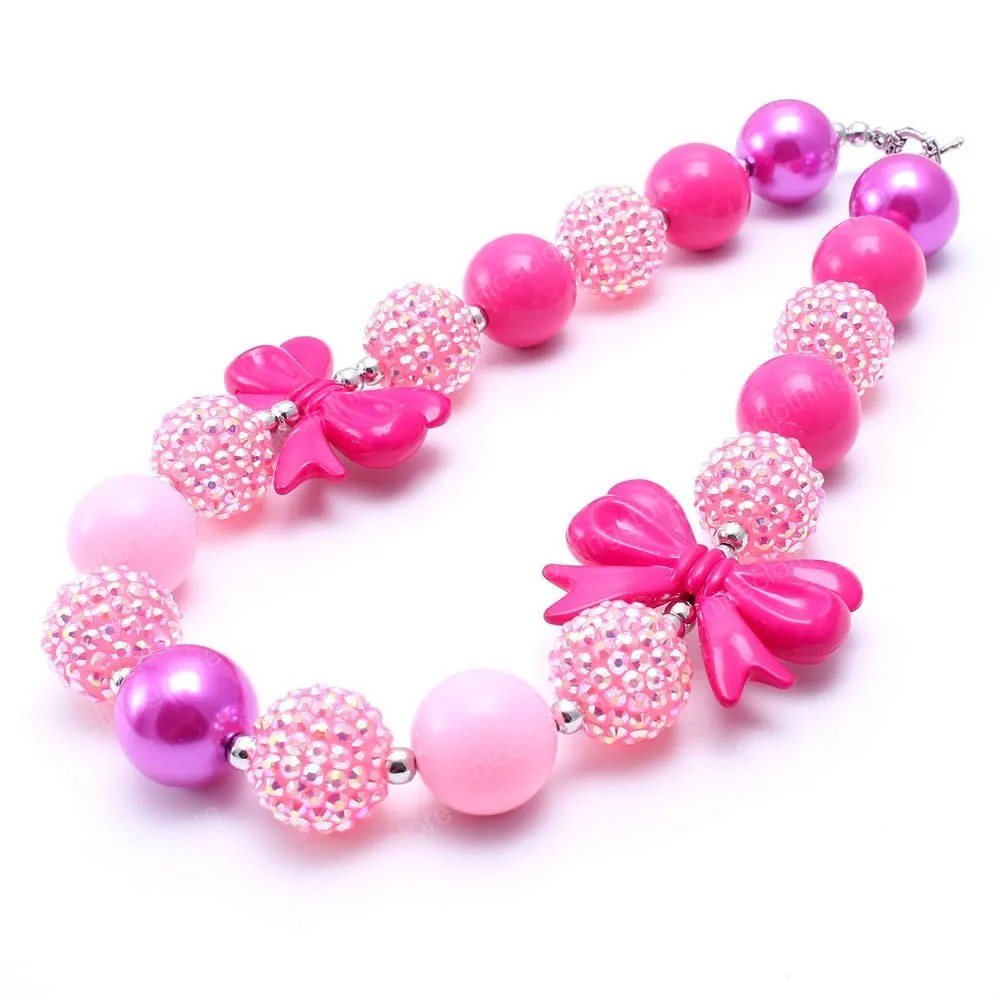 Lovely Pink Kid Chunky Necklace Princess Bow Toddler Baby Girl Bubblegum Bead Chunky Necklace Jewelry Children