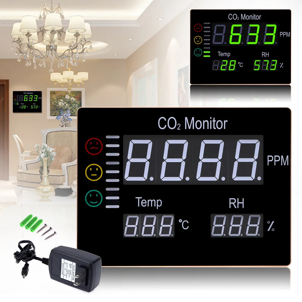 Freeshipping Digital Wall Mounted 0-9999PPM Carbon Dioxide CO2 Meter Gas Analyzer Detector Temperature& Humidity Tester Air Quality Monitor