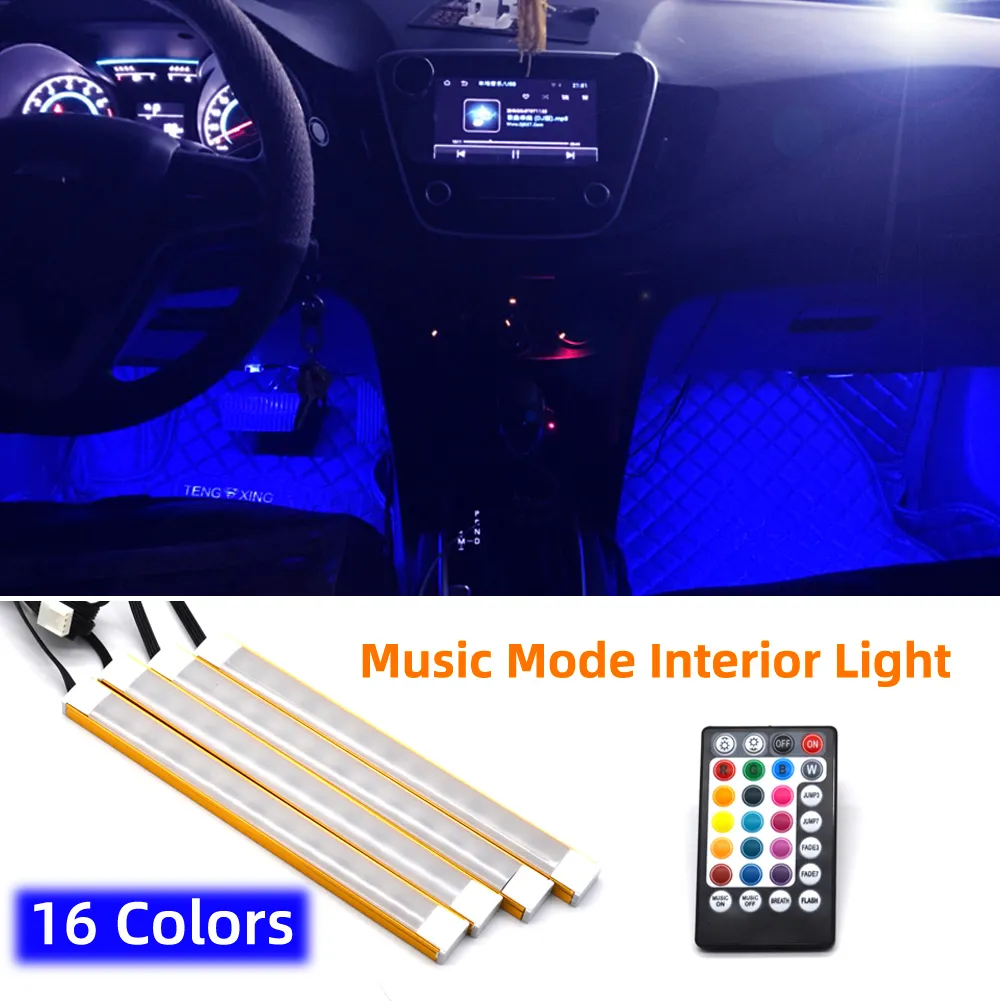 Tira de luces LED para Interior de coche DC 12V multicolor música Control de voz lámparas de ambiente debajo del tablero Kit de iluminación