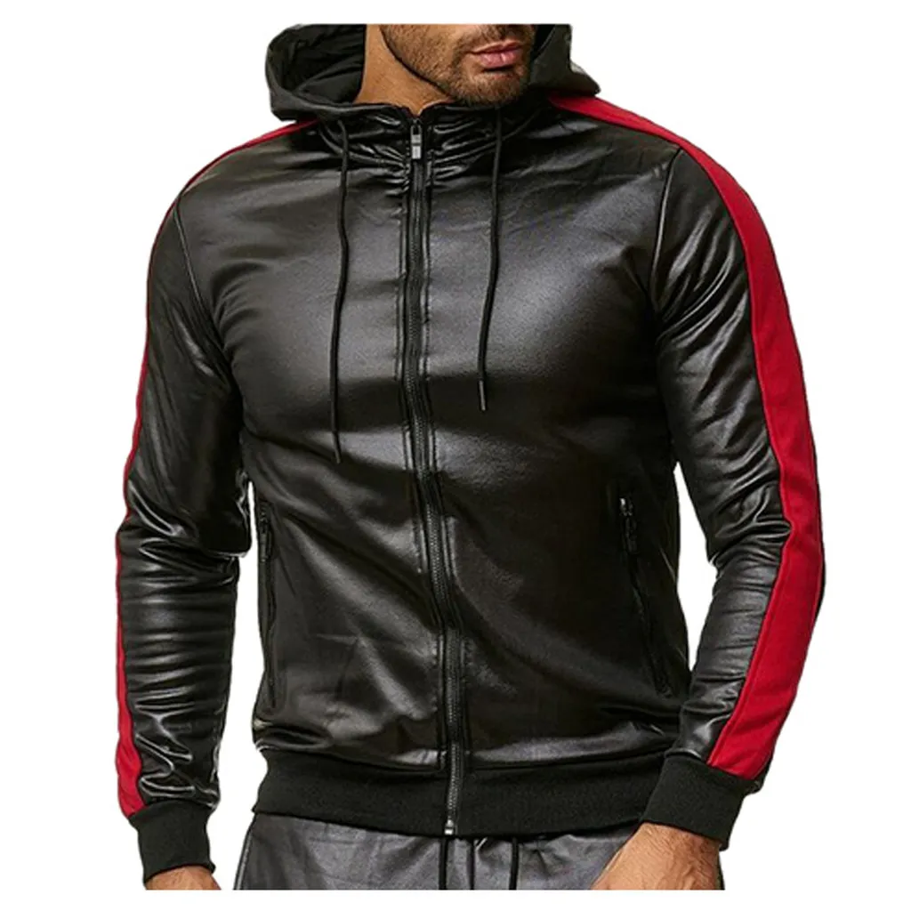 Jaquetas masculinas outono inverno inverno novo retro preto pu do capuz de couro sólido jaqueta de gola sólida jaqueta de windbreaker de manga longa pura#g2