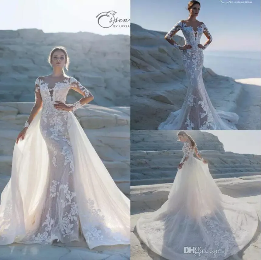 Lussano New Mermaid Bröllopsklänningar med avtagbara kjolar Sheer Jewel Neck Lace Appliqued Bridal Gown Sweep Train Långärmad Bröllopsklänning