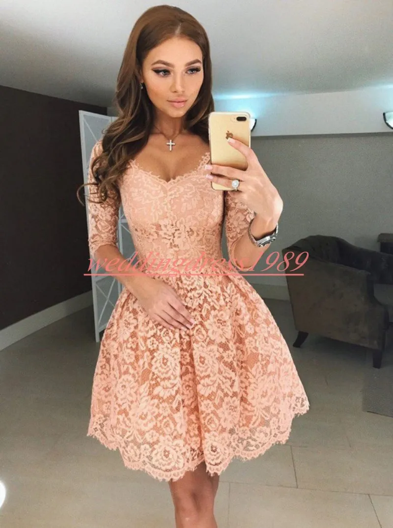 Beautiful Coral Sukienki Homecoming Dresses Juniors 2020 Plus Size Cocktail Prom Dress Half Sleeve A-Line Arabski Graduation Party Gowns Club Nosić