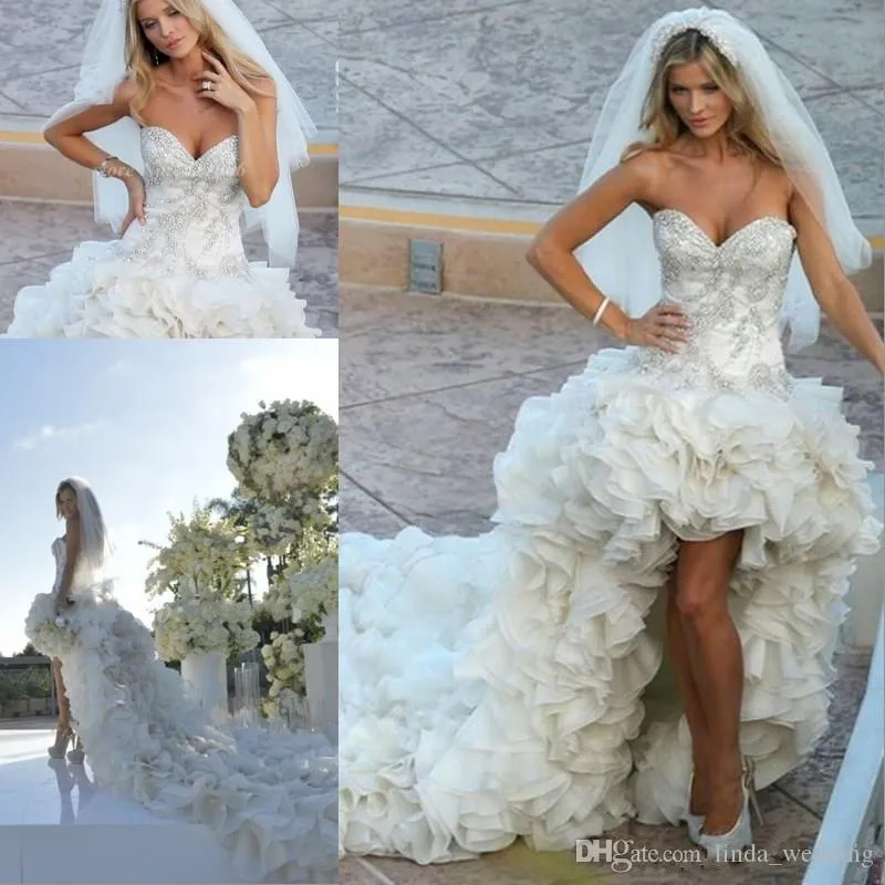 2019 luxe haut bas robe de mariée chérie niveaux volants longue robe de mariée sur mesure, plus la taille