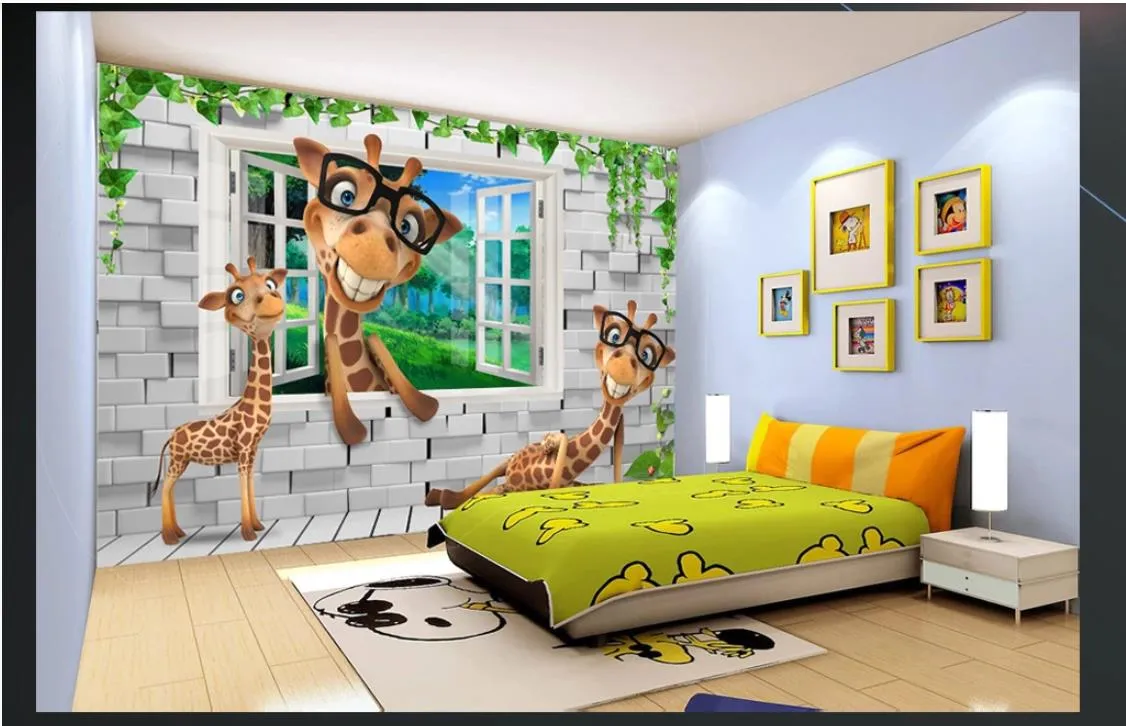 Aangepaste 3D Muurschildering behang Foto Muurdocument Dier Cartoon Herten Venster Kinderkamer 3D Achtergrond Muurschilderbehang Voor Muren 3D