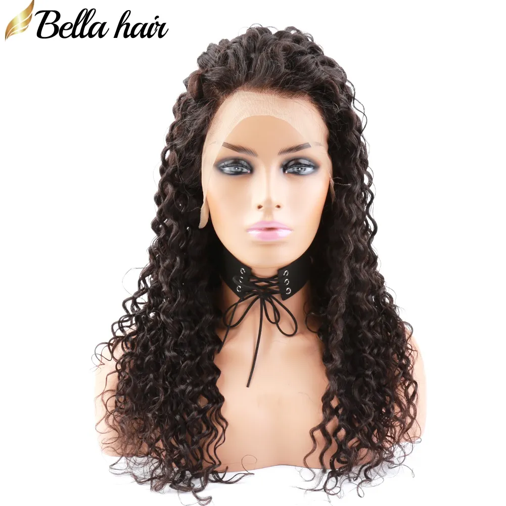 Indian Curly Virgin Human Hair Pruiken voor zwarte vrouwen middelste deel kanten frontwigs met babyhaar vooraf geplukte natuurlijke kleur bella