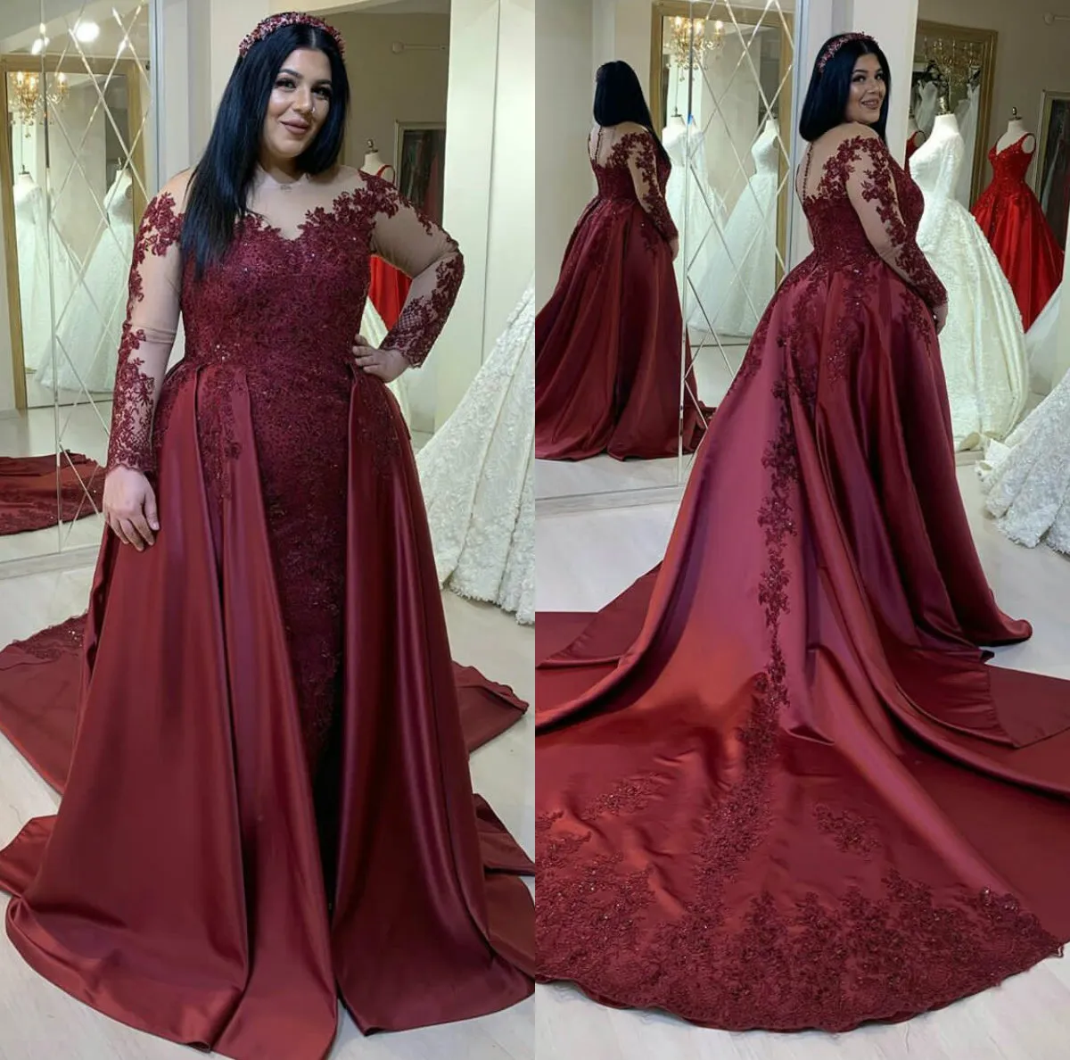 Burgundy Lace Wedding Dresses 2024 A Line Country Bridal Gowns with Detachable Train and Removable Skirt