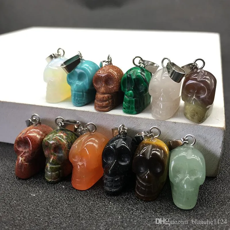 12pcs/set Natural Stone Skull Pendant Necklaces with Leather Chains Crystal Agate Turquoise Opal Pendants Necklace Jewelry Accessories