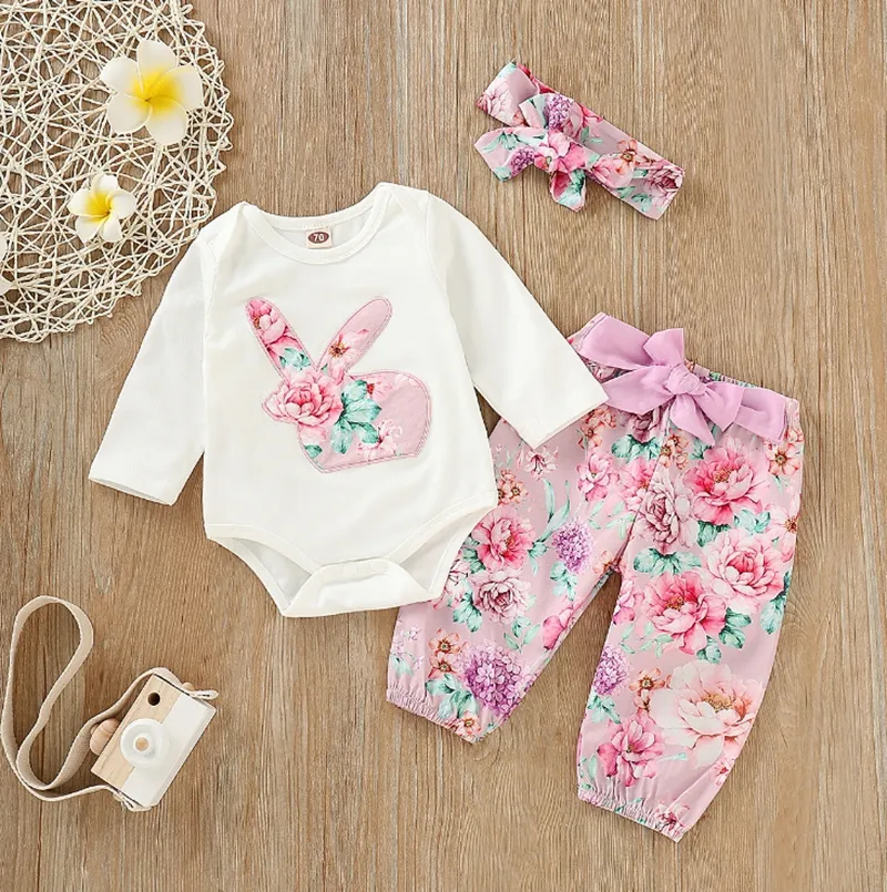 Påsk baby kläder sätter broderi baby girls rompers byxor huvudband 3st set bunny nyfödda outfits vårflicka kläder set dhw2057