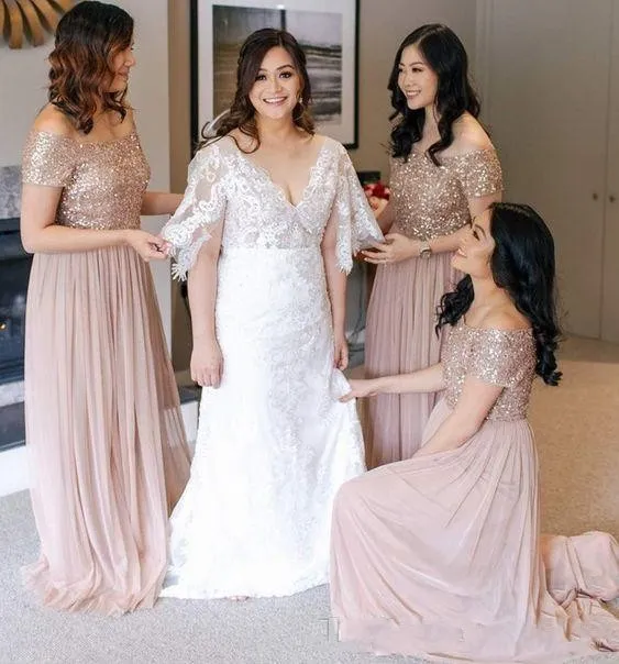 2024 Bling A Line Bridesmaid Dresses Off Shoulder Top Sequined Cap Sleeves Tulle Floor Length Plus Size Wedding Guest Maid Of Honor Gowns 403