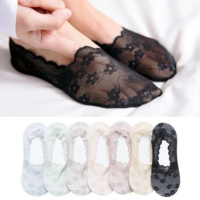 2020 nouvelle mode maille dentelle chaussettes florales femmes été Transparent talons hauts Invisible anti-dérapant pantoufles chaussettes filles cheville