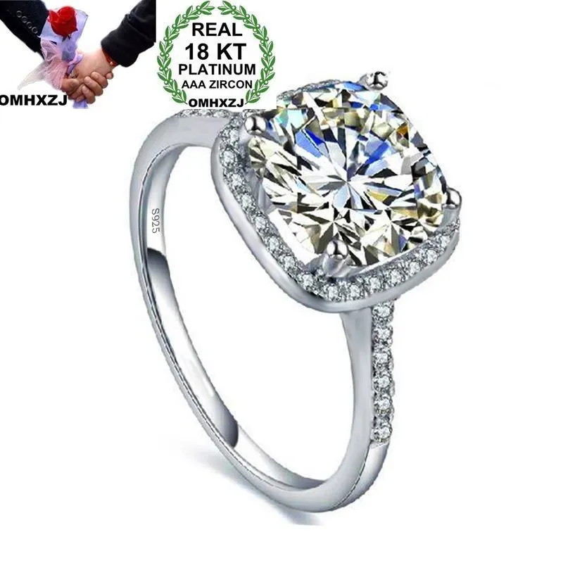 OMHXZJ Wholesale Personality Solitaire Rings Fashion OL Woman Girl Party Wedding Gift White Luxury Square Zircon 18KT White Gold Ring RN91