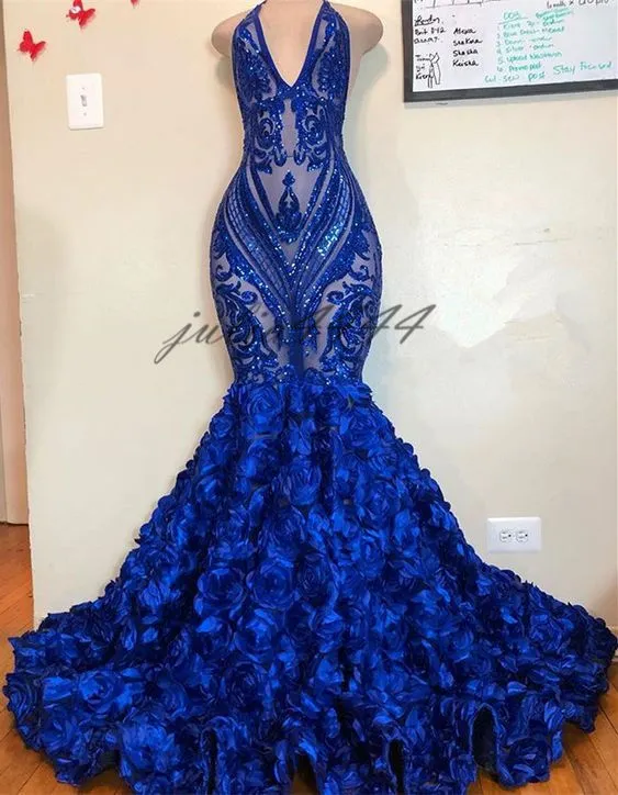 Royal Blue Mermaid Prom Dresses 2019 Halter Sleeveless Gorgeous Rose ...