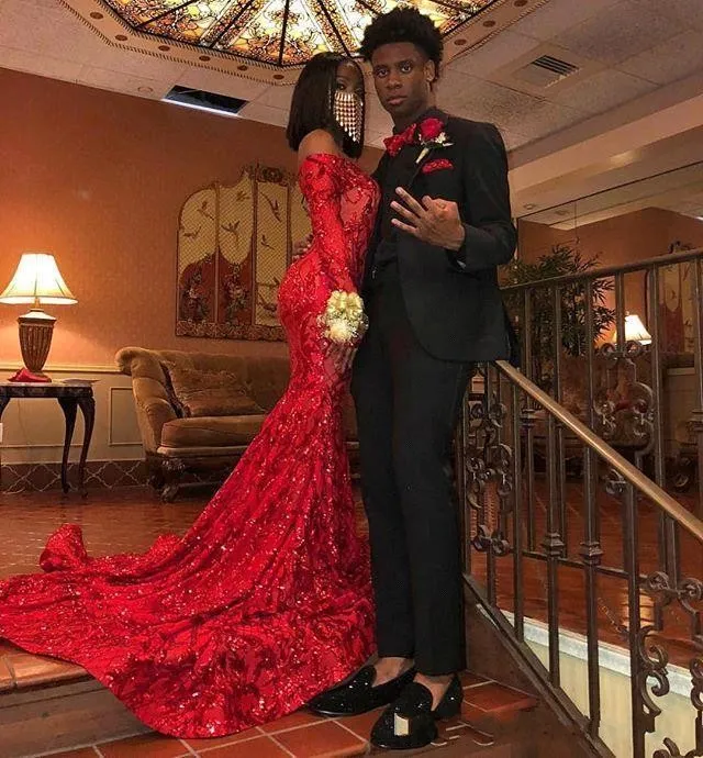 Sexy Sequin Mermaid Evening Dresses for Black Girls 2024 Red Lace Long Sleeve Backless Prom Gowns Vestidos