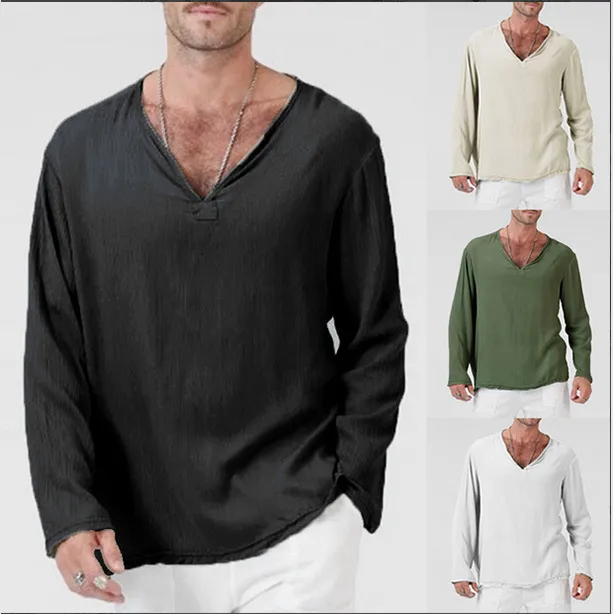 5 Colors Mens T Shirts Linen Loose Mens V-neck Solid Colors Long Sleeve T-shirt Loose Casual Large Size S-4XL