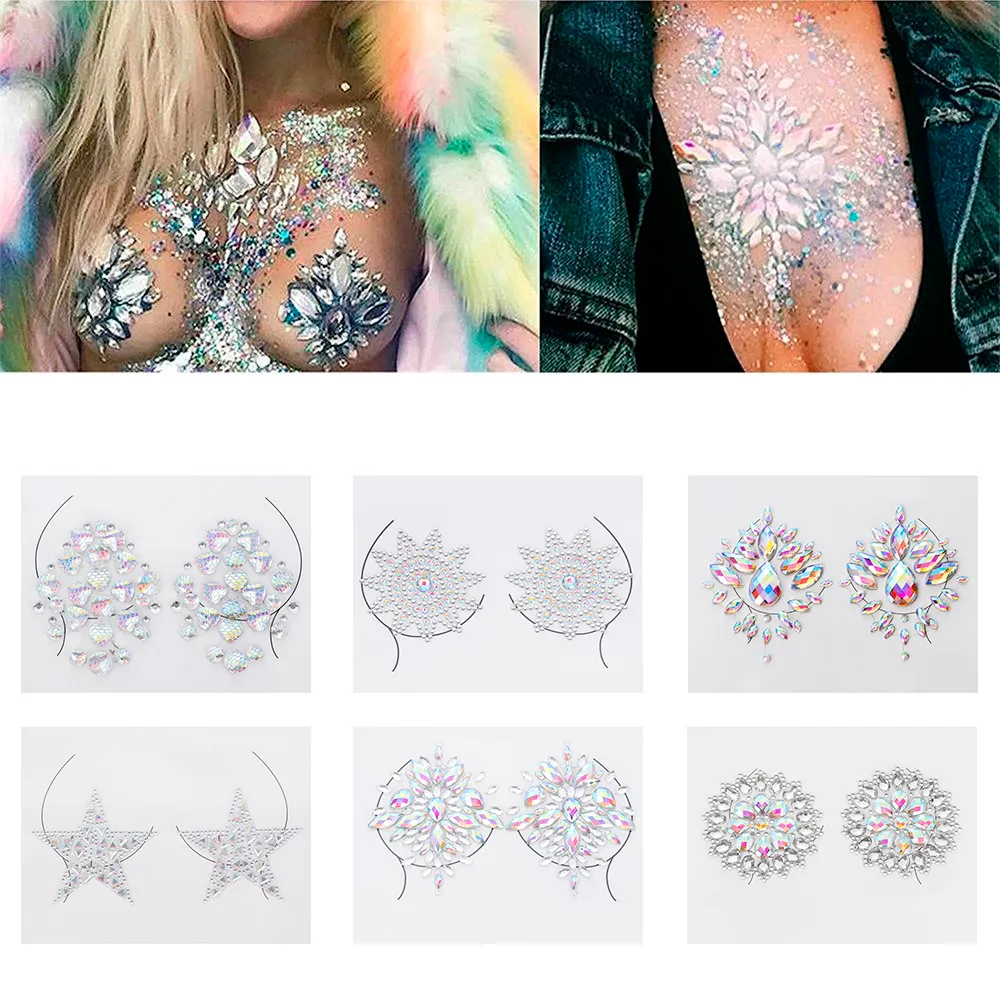3D Crystal Chest Jewels Temporary Tattoo Stickers for Stage Rhinestone Flash Tattoos Adhesive Face Jewel Chest Gem Body Paint 2024