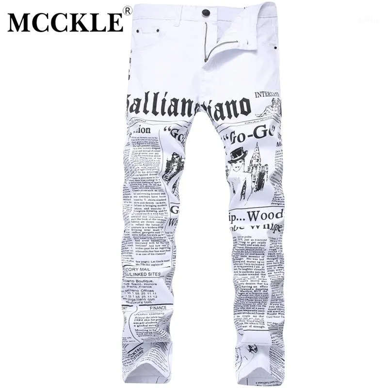 Mcckle 2017 outono homens denim calças brancas de impressão jornal calça casual homens pintado jeans magro para homem tamanho 28-421