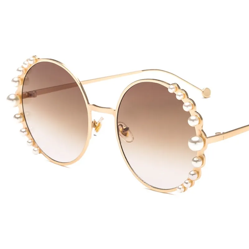 2019 luxe rond femmes lunettes de soleil perle décoration mode lunettes de soleil dames dégradé clair nuances uv400 occhiali da sole