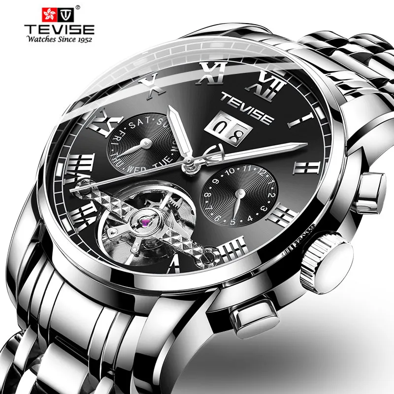 TEVISE hommes montres automatiques de luxe en acier inoxydable Tourbillon phase de lune montre-bracelet mécanique cadeaux masculins Relogio Masculino