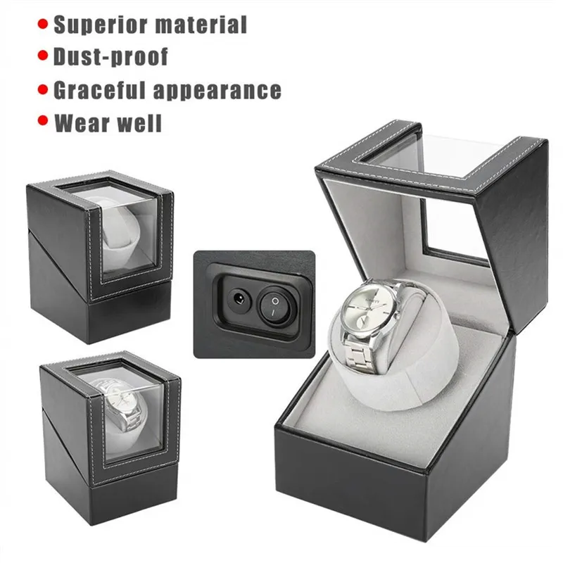 Automatisk roterande klocka display Box Pu Watch Winder Holder Smycken Väska Förvaring Arrangör Box Black Brown
